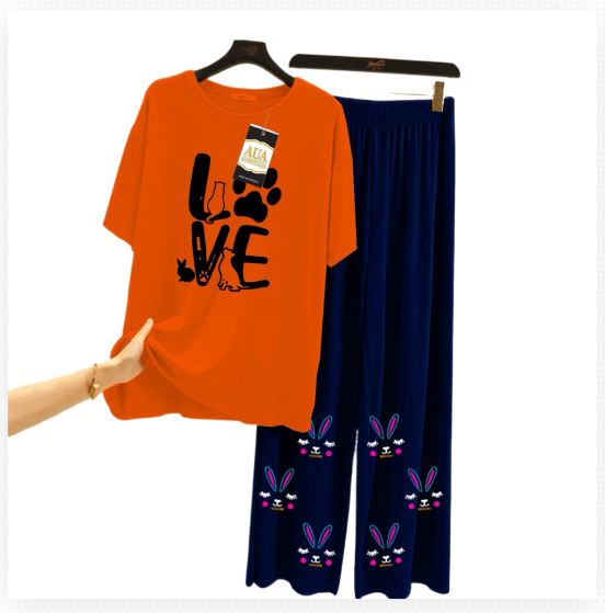 Trendy Love Printed 2 Piece Nightwear Sleepwear For Girls And Women