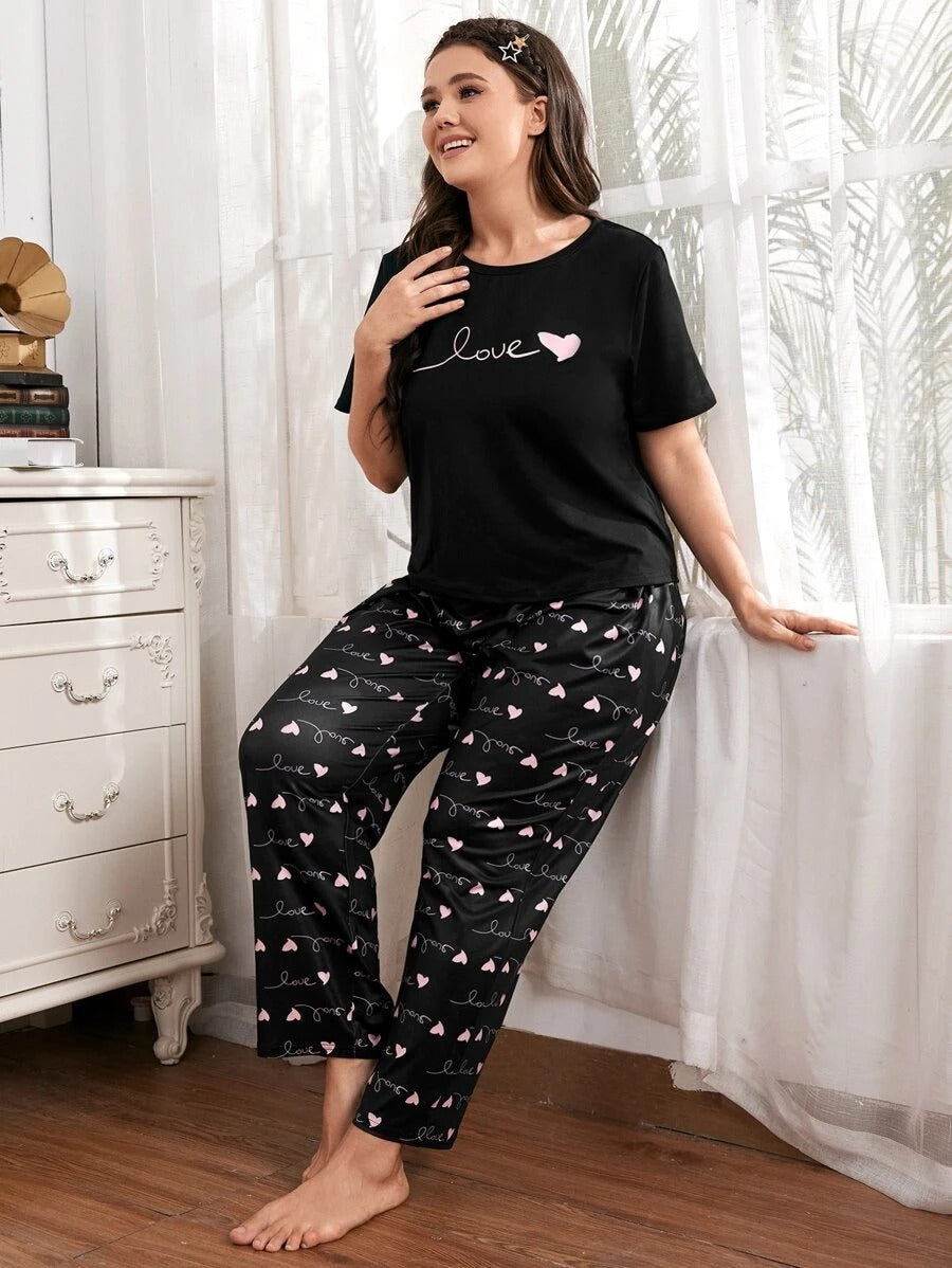 Black Love Printed Half-Sleeve T-Shirt with Cute Mini Heart Printed Trousers – Women's Nightwear Set