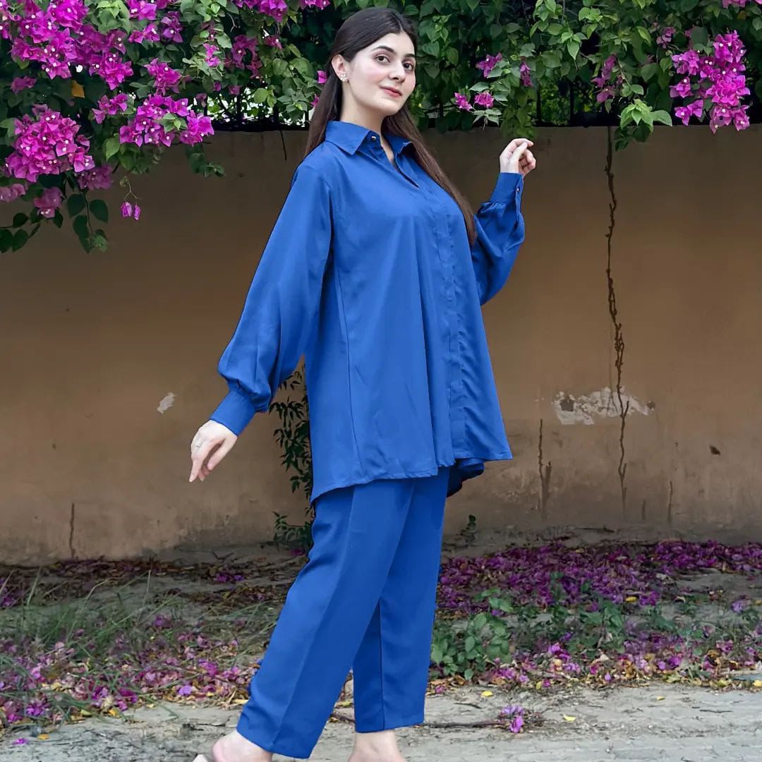 Elegant Dark Blue Button-Down Co-ord Set" or "Black Chic Loose-Fit Co-ord Set