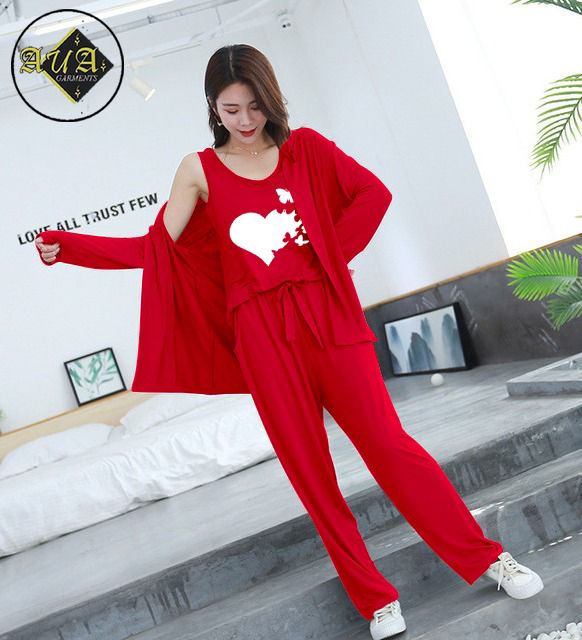 3 Piece Lounge wear Nightwear Sleepwear For Women Heart Butterflies Print