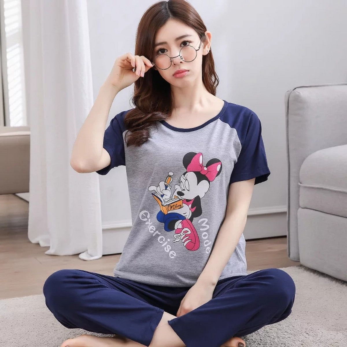 Blue Colour Funny Mickey Mouse Design Printed Stylish Half Sleeves T-Shirt and Pajama Sexy Ladies Night Suit Sleep Wear