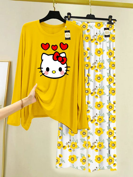 Yellow Hello Kitty Printed Nightwear Set with Flower Printed Trousers – Women's Lounge Wear (005)