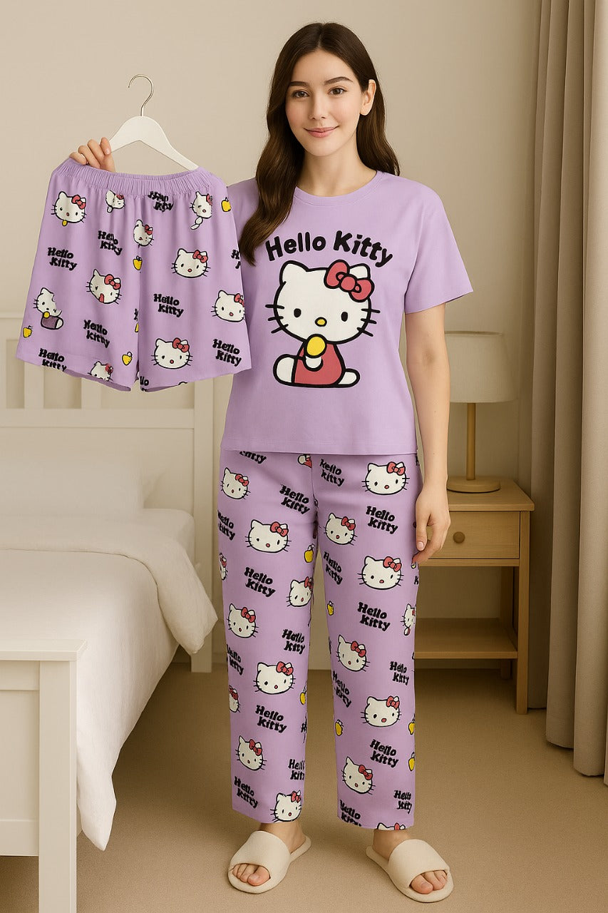 Purple Hello Kitty 3-Piece Loungewear Set – T-Shirt, Pajama & Shorts | Cute Cartoon Sleepwear for Women