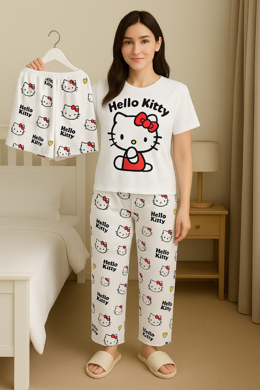 white Hello Kitty 3-Piece Loungewear Set – T-Shirt, Pajama & Shorts | Cute Cartoon Sleepwear for Women