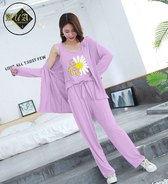3 Piece Lounge wear Nightwear Sleepwear For Women Sunflower Print