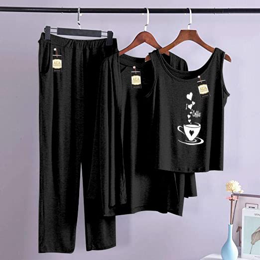 3 Piece Lounge wear Nightwear Sleepwear For Women Heart Cup Print