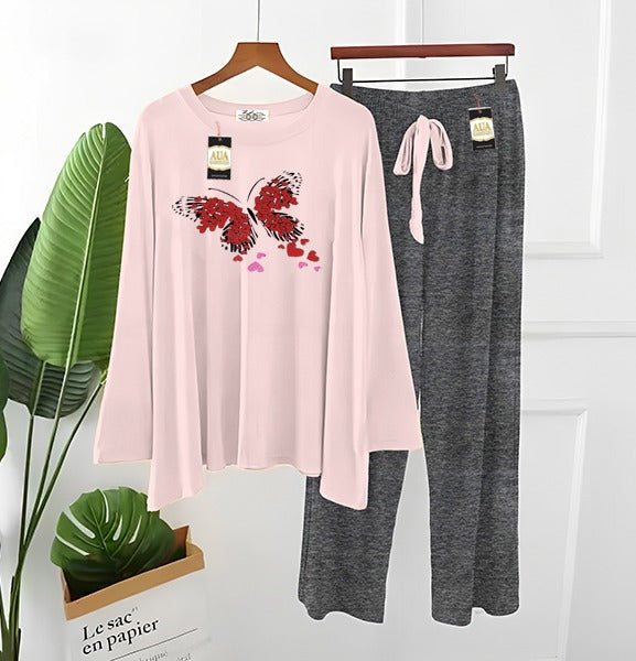 2 Piece Printed Nightwear Sleepwear For Girls And Women Mini Butterflies Side Panel printed Trouser