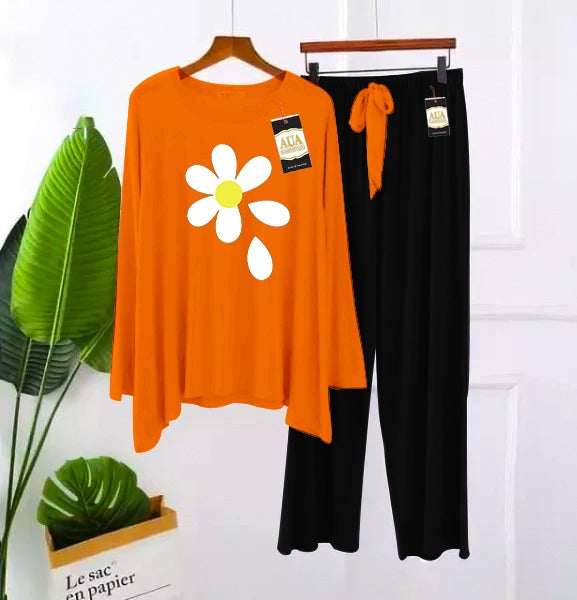 2 Piece Printed Nightwear Sleepwear For Girls And Women Simple Flower Side panel Printed Trouser
