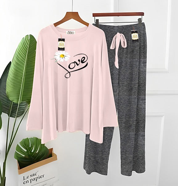 2 Piece Printed Nightwear Sleepwear For Girls And Women Trendy Love Side Panel Printed Trouser