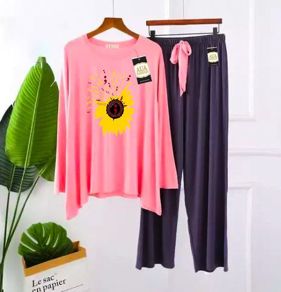 2 Piece Printed Nightwear Sleepwear For Girls And Women Sunflower side panel printed trouser