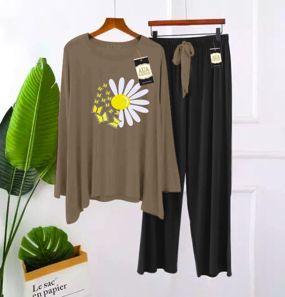 2 Piece Printed Nightwear Sleepwear For Girls And Women Sunflower Side panel printed trouser