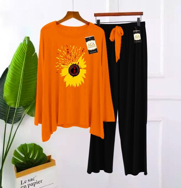 2 Piece Printed Nightwear Sleepwear For Girls And Women Sunflower Side panel printed touser