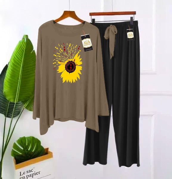 2 Piece Printed Nightwear Sleepwear For Girls And Women Side panel trouser Sunflower print