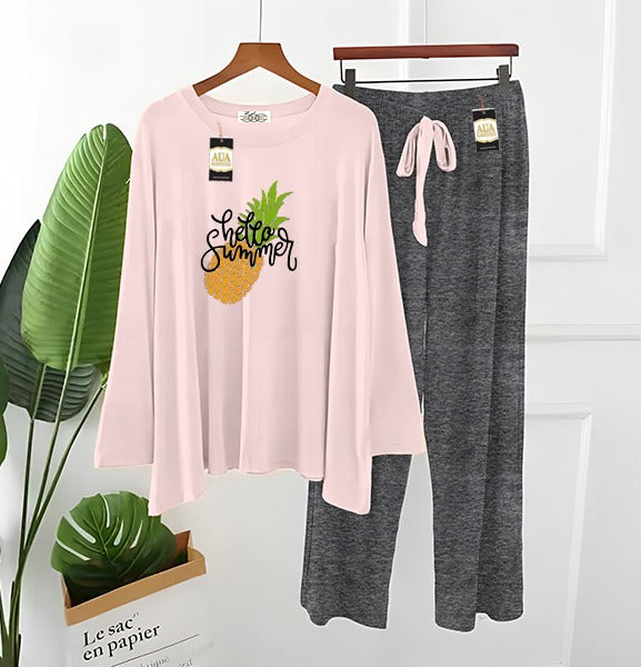 2 Piece Printed Nightwear Sleepwear For Girls And Women Side panel trouser Pineapple print