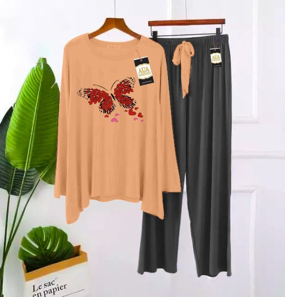 2 Piece Printed Nightwear Sleepwear For Girls And Women Side panel trouser mini Butterfly print