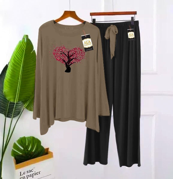 2 Piece Printed Nightwear Sleepwear For Girls And Women Side panel trouser tree print