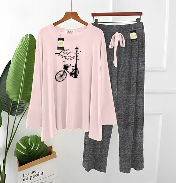 2 Piece Printed Nightwear Sleepwear For Girls And Women Side panel trouser cycle print