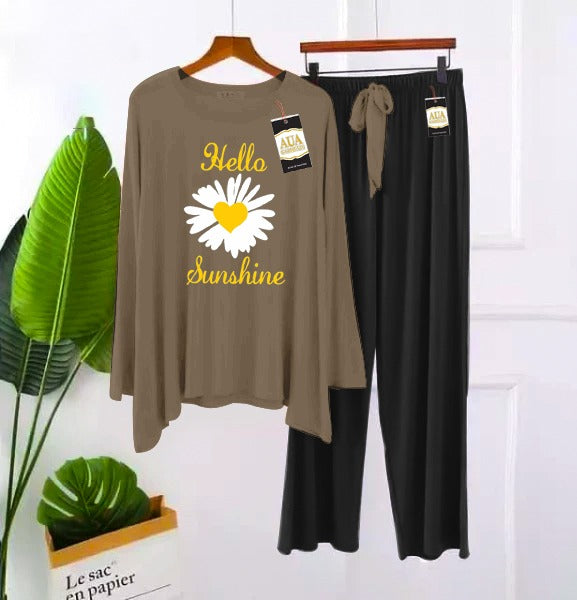 2 Piece Printed Nightwear Sleepwear For Girls And Women Side panel trouser Sunflower print