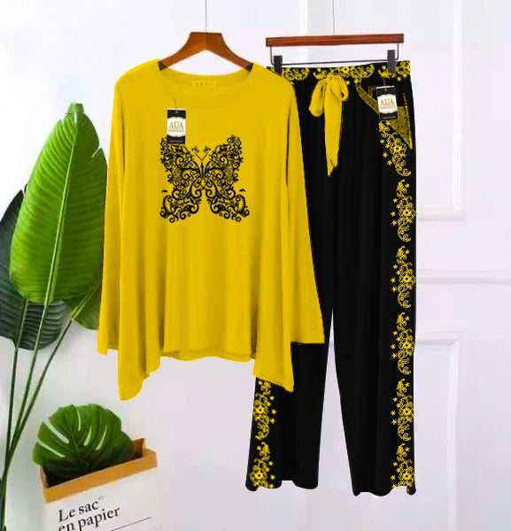 2 Piece Printed Nightwear Sleepwear For Girls And Women Side panel trouser print Yellow