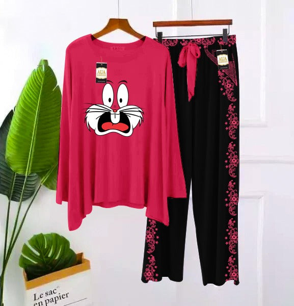 2 Piece Printed Nightwear Sleepwear For Girls And Women Side panel trouser Pink