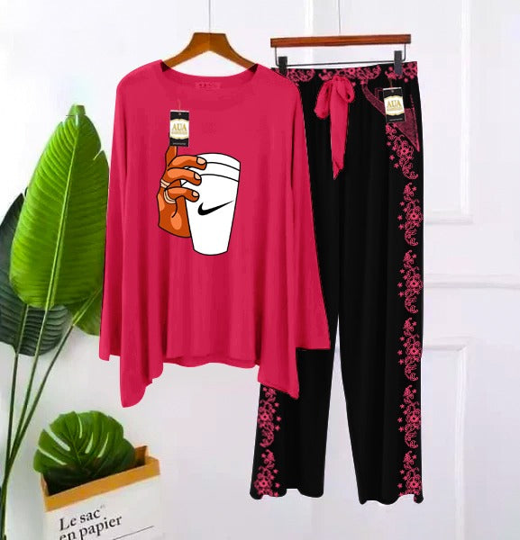 2 Piece Printed Nightwear Sleepwear For Girls And Women Side panel trouser Pink