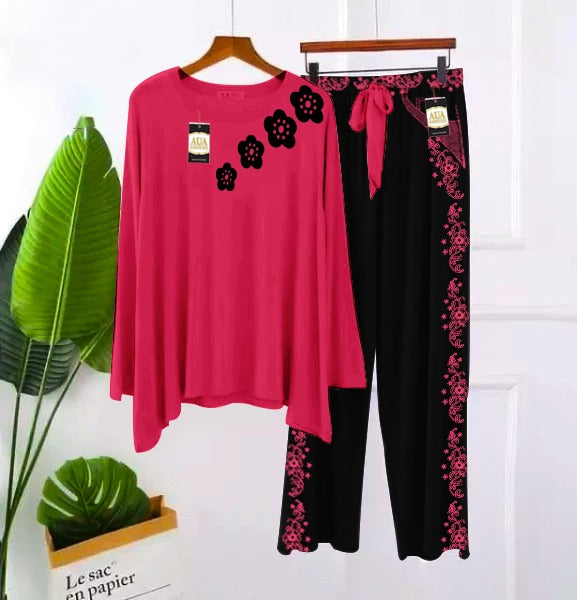 2 Piece Printed Nightwear Sleepwear For Girls And Women Side panel trouser Pink