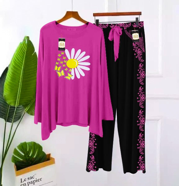 2 Piece Printed Nightwear Sleepwear For Girls And Women Side panel trouser print Purple