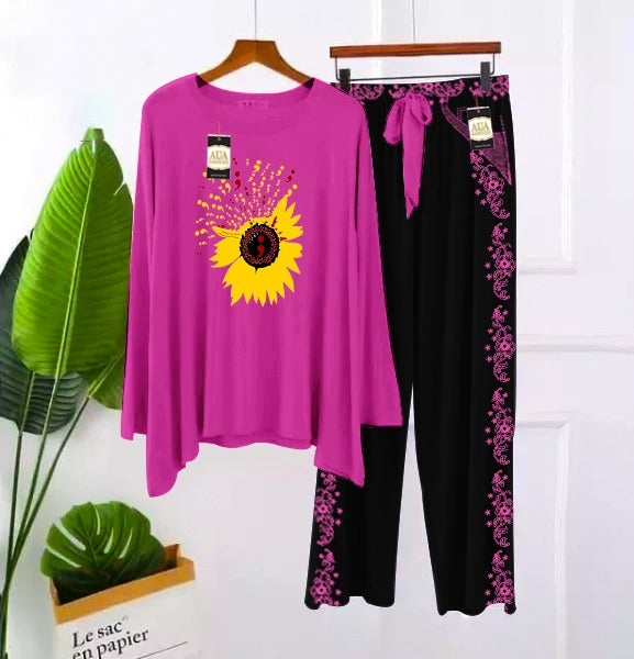 2 Piece Printed Nightwear Sleepwear For Girls And Women Side panel trouser print Purple