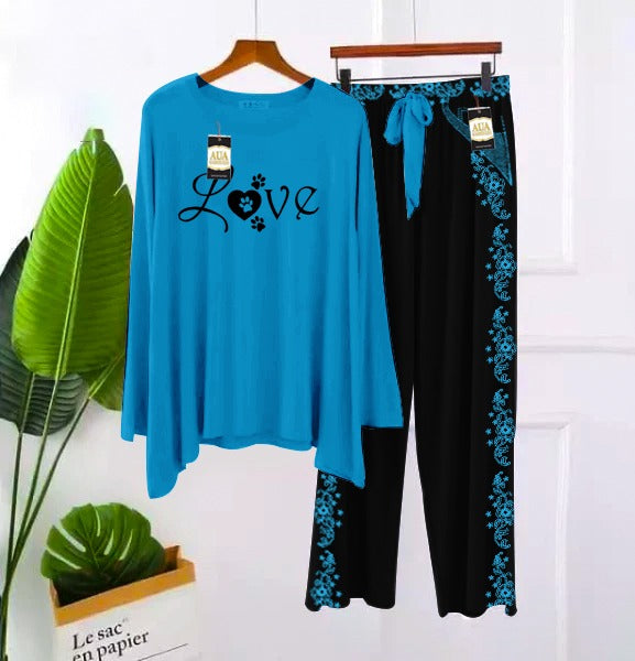 2 Piece Printed Nightwear Sleepwear For Girls And Women Side panel trouser print blue