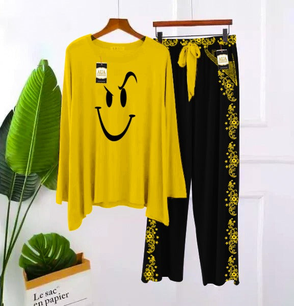 2 Piece Printed Nightwear Sleepwear For Girls And Women Side panel trouser print Yellow