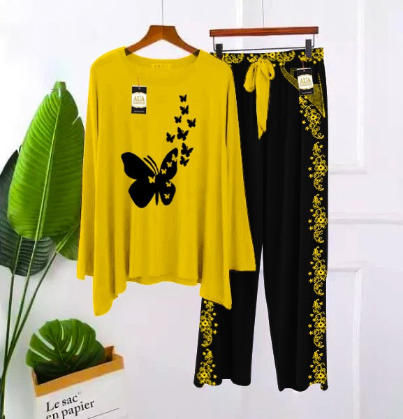 2 Piece Printed Nightwear Sleepwear For Girls And Women Side panel trouser print Yellow