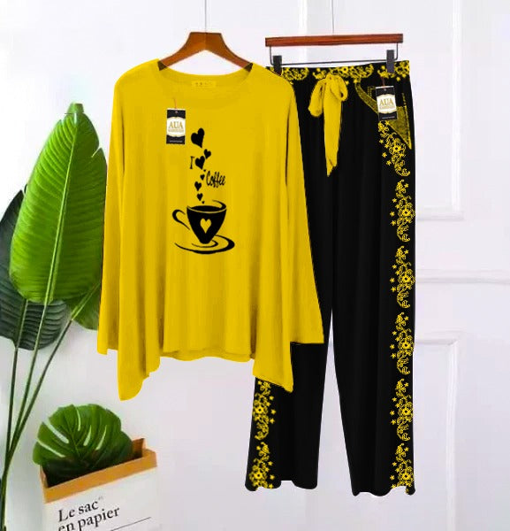 2 Piece Printed Nightwear Sleepwear For Girls And Women Side panel trouser print Yellow