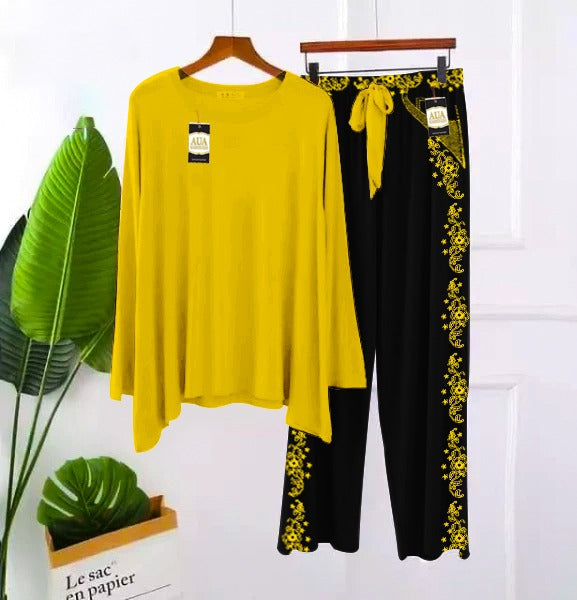 2 Piece Printed Nightwear Sleepwear For Girls And Women Side panel trouser print Yellow