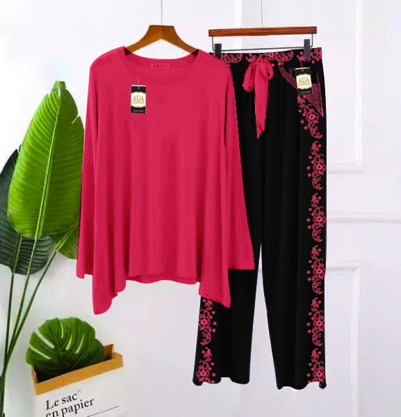 2 Piece Printed Nightwear Sleepwear For Girls And Women Side panel trouser Pink