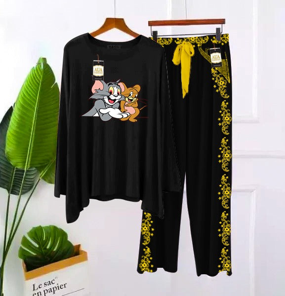 Printed Full Black With Embroidery Printed Flapper Style Night Dress For Woman