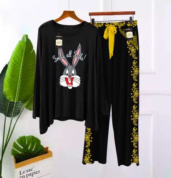 Printed Full Black With Embroidery Printed Flapper Style Night Dress For Woman