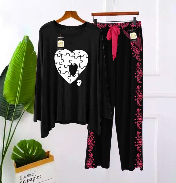 Printed Full Black With Embroidery Printed Flapper Style Night Dress For Woman