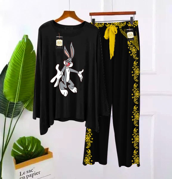 Printed Full Black With Embroidery Printed Flapper Style Night Dress For Woman