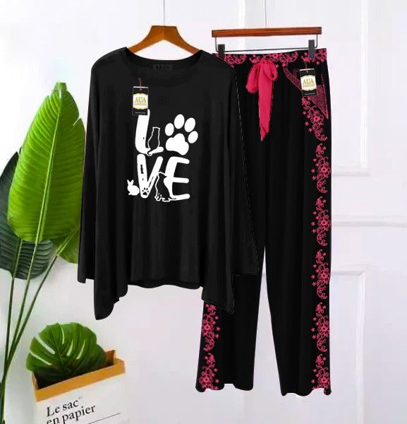 Printed Full Black With Embroidery Printed Flapper Style Night Dress For Woman