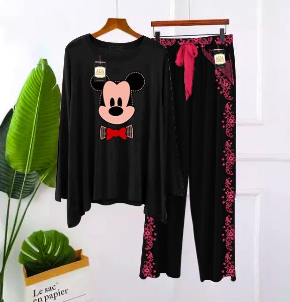 Printed Full Black With Embroidery Printed Flapper Style Night Dress For Woman