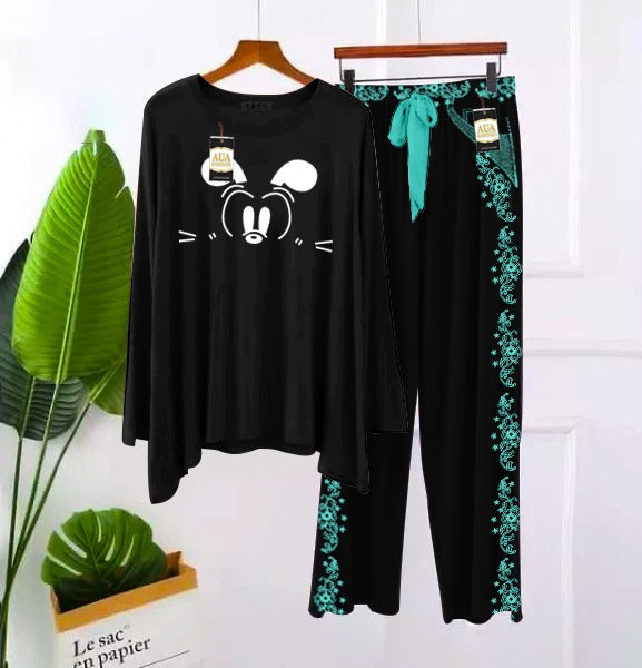 Printed Full Black With Embroidery Printed Flapper Style Night Dress For Woman