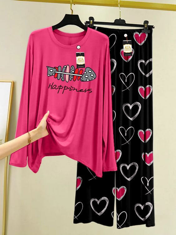 Happiness Printed Pink Color Heart Printed Trouser Lounge wear Nightwear Sleepwear With Heart Prinred Trouser For Women By Auagarments (004)