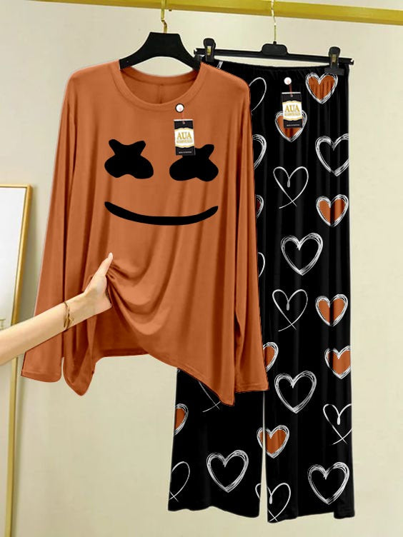 Marshmallow Printed Beige Color Heart Printed Trouser Lounge wear Nightwear Sleepwear With Heart Prinred Trouser For Women By Auagarments
