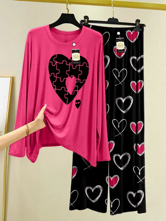 Puzzel Heart Printed Pink Color Heart Printed Trouser Lounge wear Nightwear Sleepwear With Heart Prinred Trouser For Women By Auagarments (004)