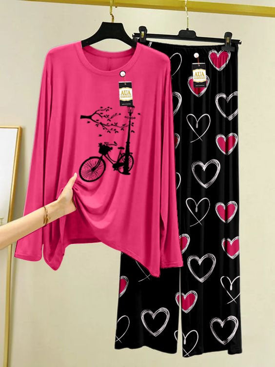 Cycel Printed Pink Color Lounge wear Nightwear Sleepwear With Heart Prinred Trouser For Women By Auagarments (004)
