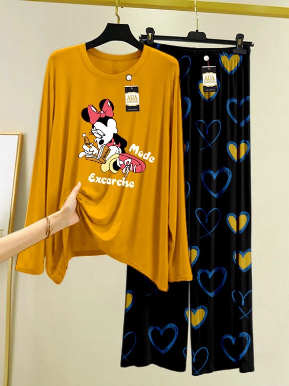 Exccrcise Mood Printed Mustard Color Heart Printed Trouser Lounge wear Nightwear Sleepwear With Heart Prinred Trouser For Women By Auagarments (004)