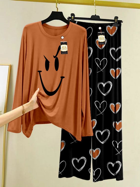 Smile Face Printed Beige Color Heart Printed Trouser Lounge wear Nightwear Sleepwear With Heart Prinred Trouser For Women By Auagarments (004)