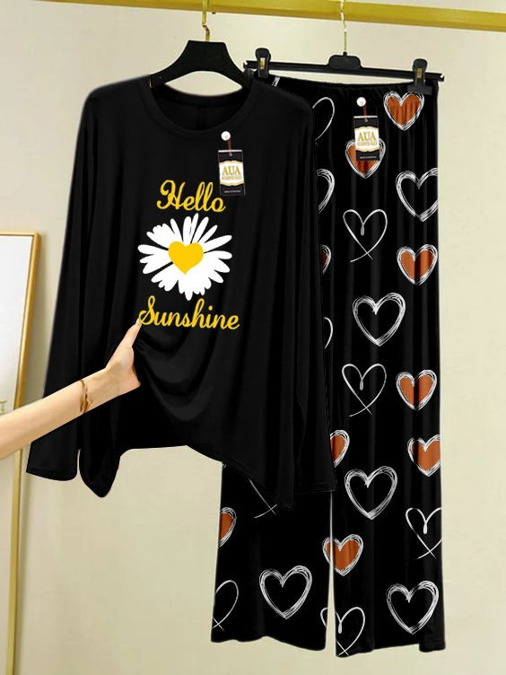 SunShine Printed Black Color Heart Printed Trouser Lounge wear Nightwear Sleepwear With Heart Prinred Trouser For Women By Auagarments (004)