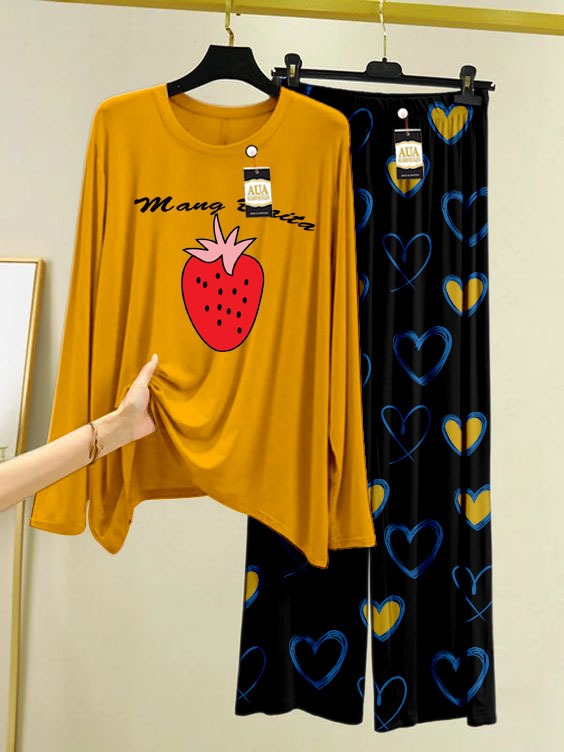 Strawberry Printed Mustard Color Heart Printed Trouser Lounge wear Nightwear Sleepwear With Heart Prinred Trouser For Women By Auagarments (004)