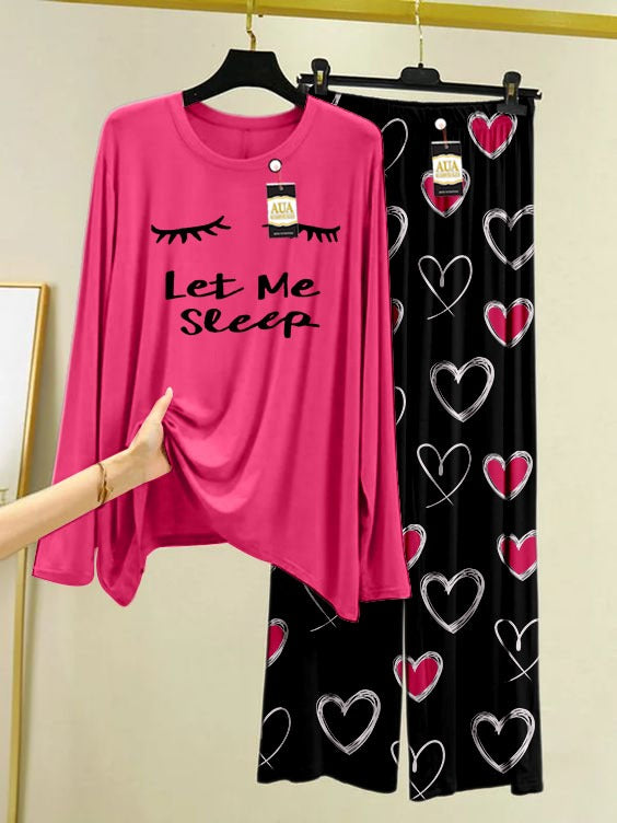 Let Me Sleep Printed Pink Color Heart Printed Trouser Lounge wear Nightwear Sleepwear With Heart Prinred Trouser For Women By Auagarments (004)